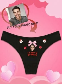 1pc Christmas Customized Boyfriend/Husband Portrait & Christmas Candy Cane English Letter Print Women Sexy Funny Thong Panties, Holiday Gift, Elastic Cheeky Low Rise Briefs - Black - View 2