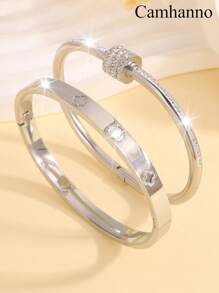 1/2/3件轻奢优雅，大气时尚不锈钢百搭旋转，单排水钻，爱心/花朵浮雕手链适合日常佩戴，节日女友情人节 - 銀色 - 查看 25