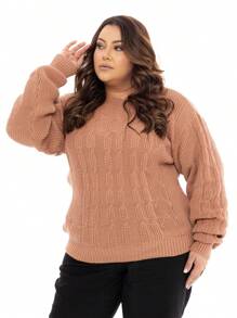 Blusa Tricot Plus Size Basica Gola Redonda Tranças Feminina Fang