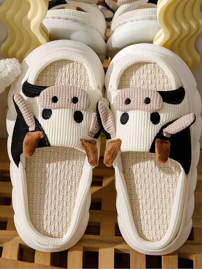 Pantuflas de casa simples y lindas antideslizantes de suela gruesa para hombres y mujeres, Pantuflas de vaca con punta abierta, informales y cómodas de lino transpirable