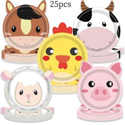 25 pezzi Set di piatti tema fattoria, piatti di carta a forma di animali dei cartoni animati, forniture per feste di compleanno in cucina, adatti per più persone, campeggio, decorazione per raduni a tema