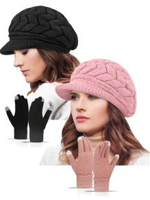 2 piezas Conjunto de gorro y guantes de punto para mujer, gorro de punto casual de moda, adecuado para uso diario en otoño/invierno, viajes al aire libre, senderismo, esquí, ciclismo, escalada, accesorios de invierno, atuendos de invierno