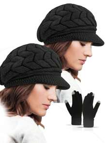 2 piezas Conjunto de gorro y guantes de punto para mujer, gorro de punto casual de moda, adecuado para uso diario en otoño/invierno, viajes al aire libre, senderismo, esquí, ciclismo, escalada, accesorios de invierno, atuendos de invierno