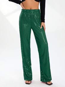 Women Sparkle Outfits Sequin Long Sleeve Blouse Shirt Top Glitter Long Loose Pants Bling Party Clubwear Streetwear - màu xanh lá - Xem 3