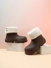 女士冬季保暖高帮雪地靴，圆头休闲纯色时尚运动鞋女士一脚蹬软底低跟厚底休闲鞋，蓬松衬里 EVA 外底户外鞋 - 棕色 - 查看 4