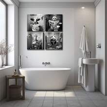 4 Stück/Set gerahmte einfarbige Leinwand Poster, Badezimmer Tiere lesen Zeitungen Malerei, Leinwand Wandkunst, Wandbild als Geschenk, für Schlafzimmer, Büro, Wohnzimmer, Café, Bar, Wanddekoration, Heim- und Studentenwohnheimdekorationen. Poster, Wandkunst, Zimmerdeko-Accessoires