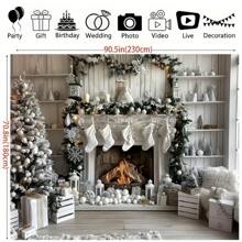 聚酯纤维圣诞壁炉背景横幅 | 适用于各种场合 | 无需电力 | 适用于场景装饰、派对、户外庆典 | 阻燃装饰窗帘