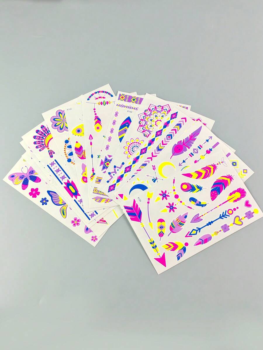 12 Sheets Neon Glow Temporary Tattoos, Blacklight Body Art Stickers, UV