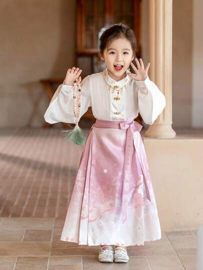 Girls' Chinese Style Hanfu Dress And Long Sleeve Top Set, Autumn