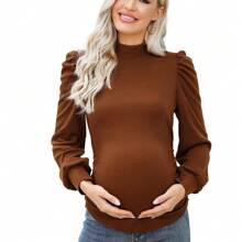 Women's Elegant Knit Ribbed Maternity Pullover With Mock Neck, Long Sleeves, And Bubble Sleeves - Perfect For Work, Baby Showers, And All Stages Of Pregnancy