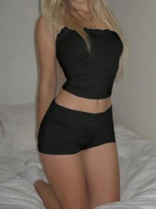 Women 2 Piece Cami Shorts Sets Sexy Spaghetti Strap Crop Top High Waist Shorts Y2k Lounge Outfits Pajamas Sleepwear - 黑色 - 查看 2