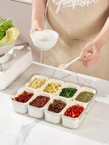 大容量家用储物盒 - 手持式、透明、带盖多隔间容器 - 非常适合水果、调味品和便当餐香料储物盒 - 厨房收纳盒，用于存放香草、干货、辣椒和调味品 - 米色 - 查看 3