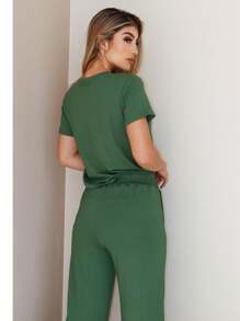 Women's Set Of Wide Leg Pants And Comfortable Sweatshirt Top Summer - Army Green - View 3