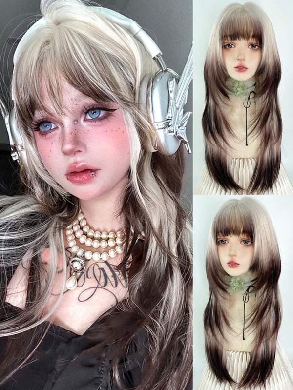 Long Straight Synthetic Platinum Blonde Brown Black Ombre Wigs Natural Layered Wig For Women Colorful Cosplay Party Wig With Princess Cuts Bangs White Wig High Temperature Synthetic Long Straight Lolita Burgundy Wig With Bangs Wig Girl Cute Cosplay Party Halloween Harajuku Wig