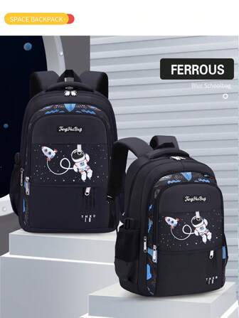 Ryggsäck för barn i grundskolan, för årskurs 1-6, 6-12 år, lätt ryggsäck med dubbla axelband, rymdskeppsdesign, stor kapacitet, söt &