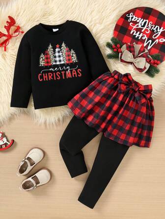 2pcs Christmas Young Girls & Young Girl Casual Plain Christmas Tree Print Long Sleeve Sweatshirt + Decorative Bow Red Plaid Skirt-Pants Set