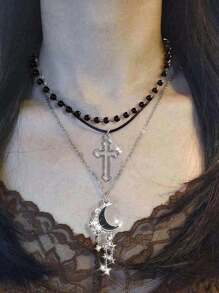 3 件 Baddie 风格黑珍珠和水钻星形吊坠项链，哥特式时尚 Y2K 时尚颈链套装 - 銀色 - 查看 1