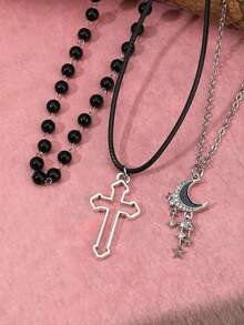 3 件 Baddie 风格黑珍珠和水钻星形吊坠项链，哥特式时尚 Y2K 时尚颈链套装 - 銀色 - 查看 2