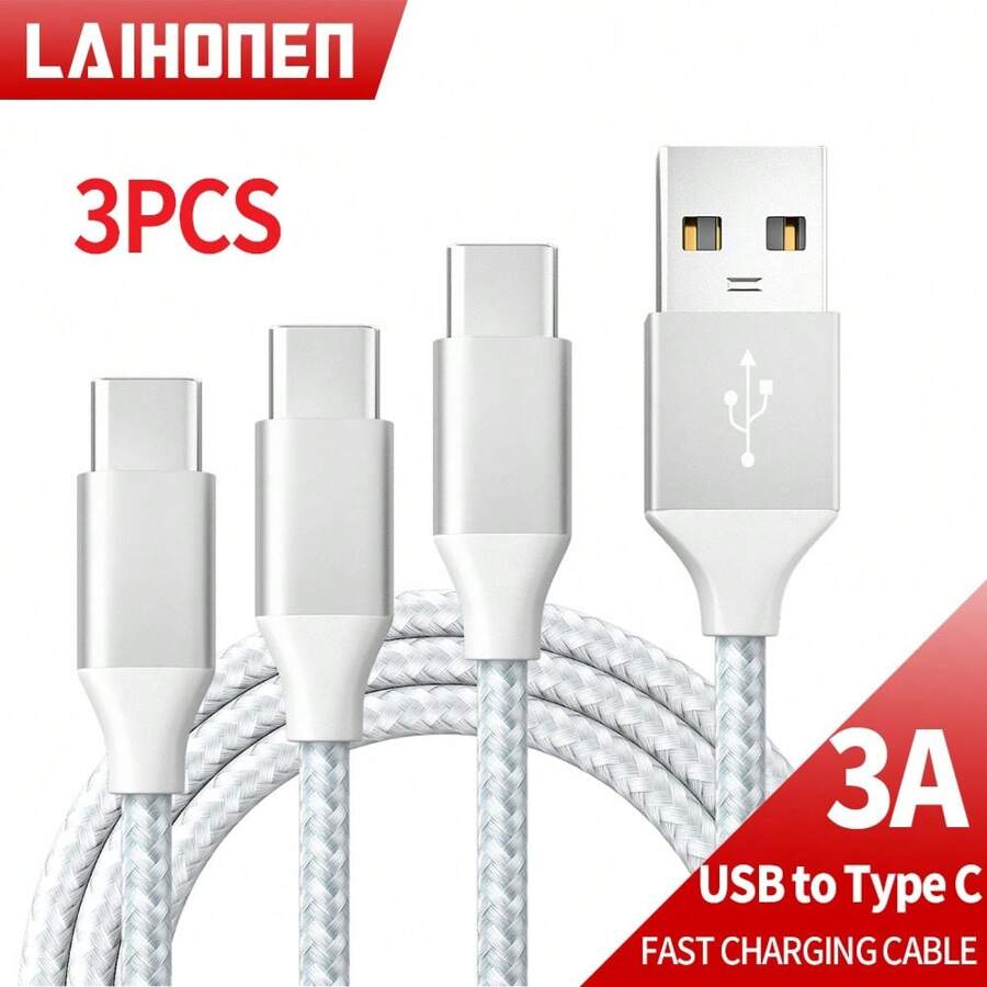 Laihonen 3 件装 USB A 至 Type C 快速充电线 3A 快速充电线 尼龙编织充电器线 兼容 Iphone 15 Pro Air USB C 线 兼容 Apple 笔记本电脑 Galaxy S21 S20 S10 S9 S8 Note 10 Android 手机数据线 3.3 英尺/6.6 英尺/10 英尺-黑色白色 - Black White - 查看 1