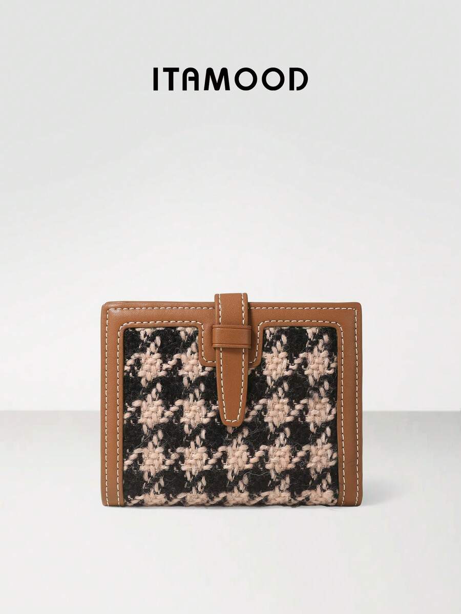 ITAMOOD Ví ngắn vải kẻ caro chống trộm gấp đôi thời trang nhiều ngăn đựng tiền xu mini cho nữ thích hợp đựng túi xách sinh nhật cổ điển - màu nâu - Xem 1