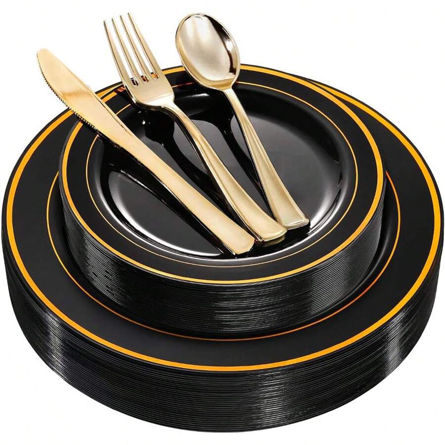 Black Dinnerware Set Includes 9Inch Dinner Plates, 7Inch Salad