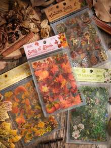 8入組森林主題貼紙套裝，包括黃昏、銀杏、綠葉、秋季主題、葉子和水果圖案，加入金箔裝飾，防水貼紙適用於裝飾手機殼、水瓶、日記和DIY工程，適用於包裝禮物 - 彩色 - 查看 1