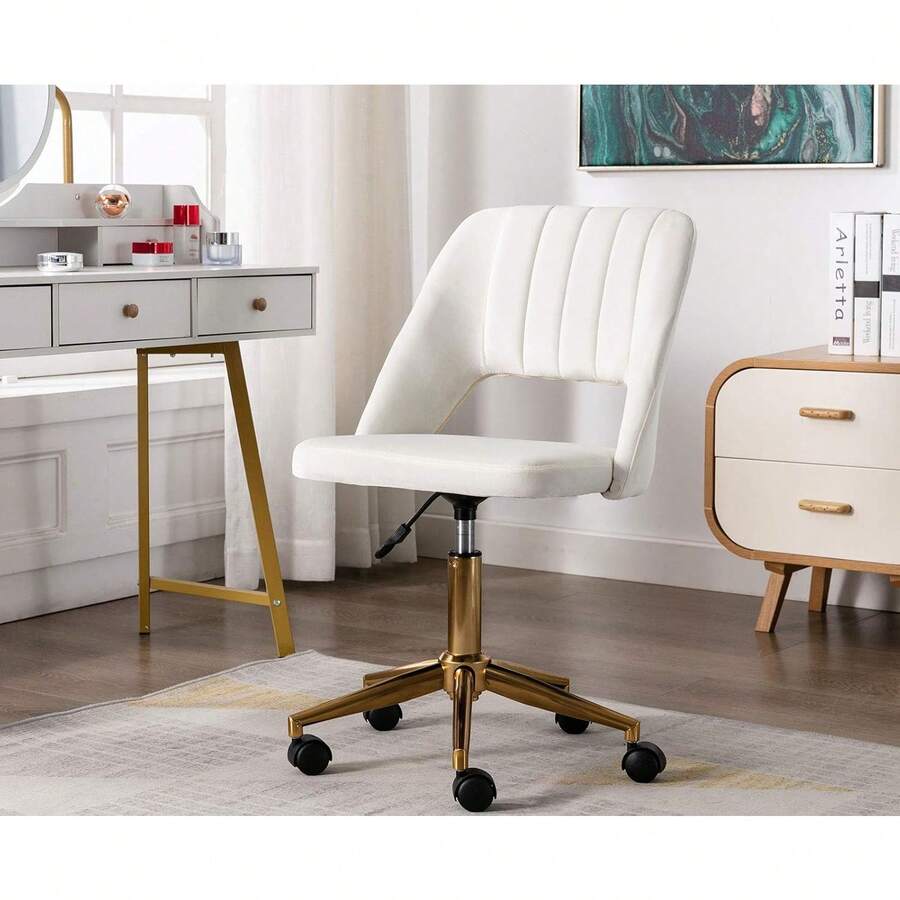 Desk Chair Armless Office Chair Gold And White, Upholstered Velvet Home