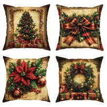 4 chiếc vòng hoa trạng nguyên Giáng sinh Quà tặng cây thông Noel Vỏ gối nhung Màu xanh lá cây cổ điển Nâu Vỏ gối trang trí mềm mại ấm cúng In một mặt 18in * 18in cho Giáng sinh Mùa đông Phòng khách Phòng ngủ Trang trí giường sofa Không có ruột gối - màu xanh lá - Xem 1