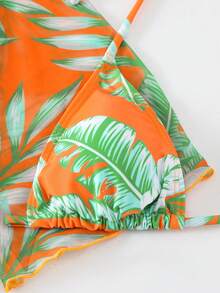 3pcs/Set Women's Tropical Plant Print Halter Neck Tie Bikini With Matching Cover Up Skirt, Sexy Split Style Swimwear Set For Beach Vacation - Orange - View 6