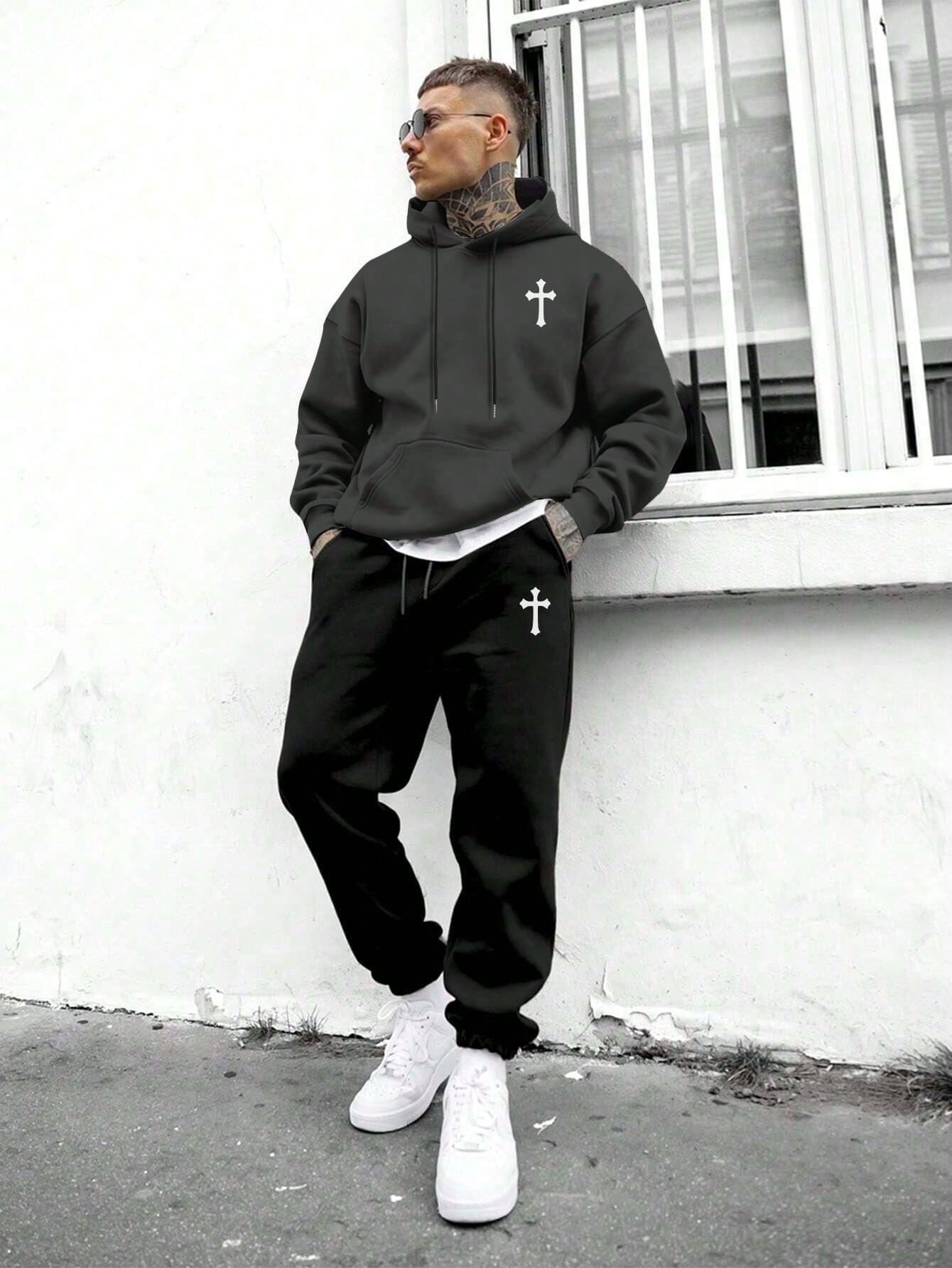 Men's Casual Solid Color Thermal Lined Hoodie And Sweatpants Set, Autumn/Winter