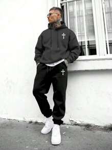 Bộ áo hoodie thu/đông nam | Họa tiết chữ thập | Trang phục thể thao thường ngày thiết yếu - Màu xám đen - Xem 2