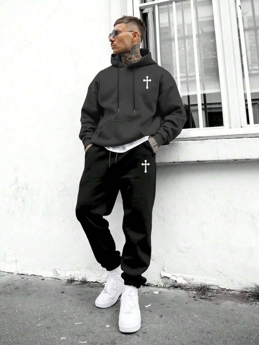 Bộ áo hoodie thu/đông nam | Họa tiết chữ thập | Trang phục thể thao thường ngày thiết yếu