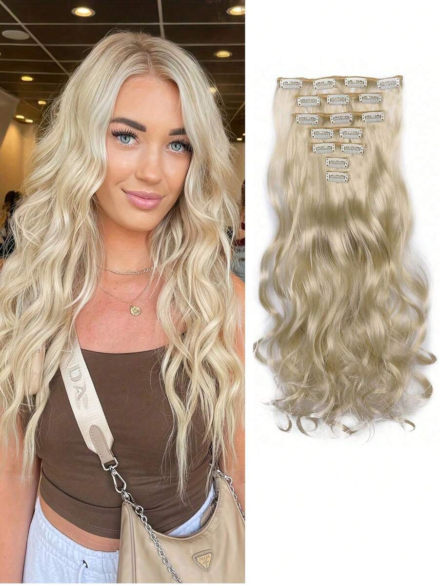 Bộ 7 món gồm 16 kẹp tóc giả tổng hợp dài 24 inch, tóc xoăn, chịu nhiệt, màu chuyển sắc đen nâu vàng dành cho nữ.