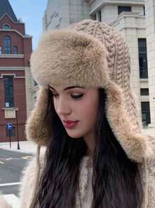 1pc Women's Solid Color Striped Trapper Hat, Fashionable And Versatile Knitted Cable Beanie For Autumn/Winter, Suitable For Outdoor Activities Like Skiing
