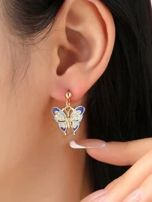 1 Cặp Hoa tai hình bướm màu bạc, tối giản và thời trang để đeo hàng ngày - Bạc - Xem 2