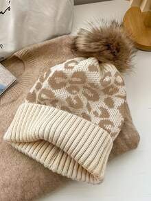 1顶时尚豹纹卷边毛球针织帽，轻盈保暖，加厚纱线，扎染图案，女士款，适合感恩节/户外活动，时尚配饰 - 針織帽 - 查看 11