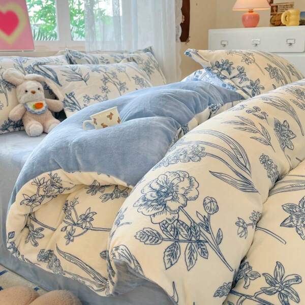 4pcs Floral Print Blue Bedding Set, Ultra Soft And Warm Milk Velvet Bedding Set, Elegant French Country Style Botanical Floral Print Duvet Cover Set (1 Duvet Cover + 1 Bed Sheet + 2 Pillow Shams, No Filler)