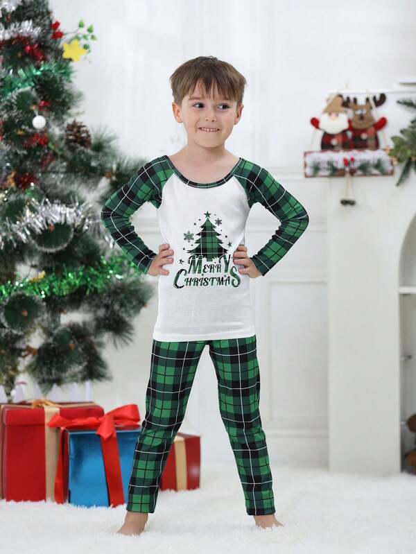 2 stuks Kids Christmas Family Matching Snug Fit Pyjama's - Kerstboom Print Plaid Lange Mouw Top & Lange Broek, Gezellige Vakantie Lounge Set