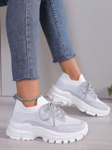 女士轻质网眼透气跑步鞋，舒适低帮厚底运动鞋 - 綠色 - 查看 4