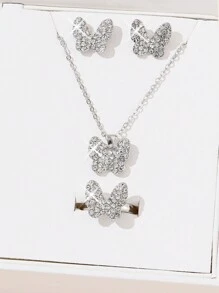 5 件装女孩蝴蝶钻石套装休闲百搭手链项链戒指耳环珠宝 - 銀色 - 查看 4