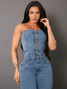 Women's Strapless Denim Jumpsuit With Elastane - Medium Blue - View 4