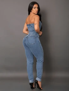 Women's Strapless Denim Jumpsuit With Elastane - Medium Blue - View 8
