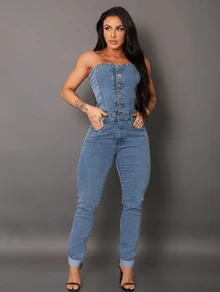Women's Strapless Denim Jumpsuit With Elastane - Medium Blue - View 10