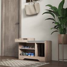HOMCOM Shoe Storage Bench, Shoe Rack Bench With Seating Cushion, Drawer, 3 Open Compartments And Table Top For Entryway, Hallway - Grey - View 7