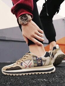 Giày thể thao nam thường ngày thêu phong cách Trung Hoa, đế dày, phối màu, buộc dây, mũi tròn thời trang, họa tiết rằn ri in ngẫu nhiên - Màu Khaki - Xem 3