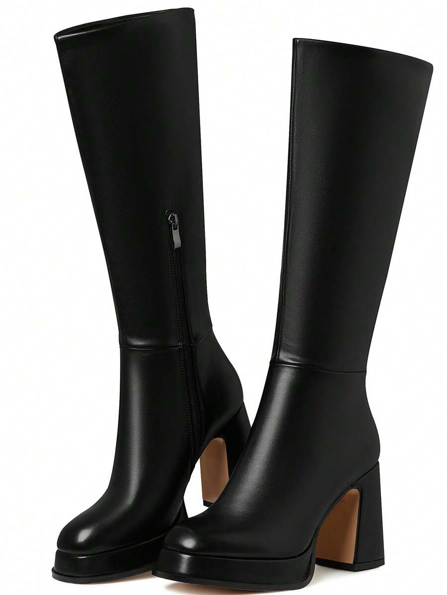 Platform Knee High Boots For Wome Chunky High Heels Pink Tall Boots Square Toe Motorcycle Long Boots - Black - View 1