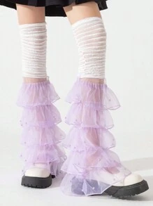 1件装多层珍珠串珠荷叶边撞色蕾丝腿套，Y2k风格，舒适