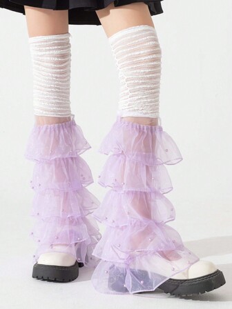 1 st lager-på-lager benvärmare i spets med pärlprydda volanger, Y2k, mysig