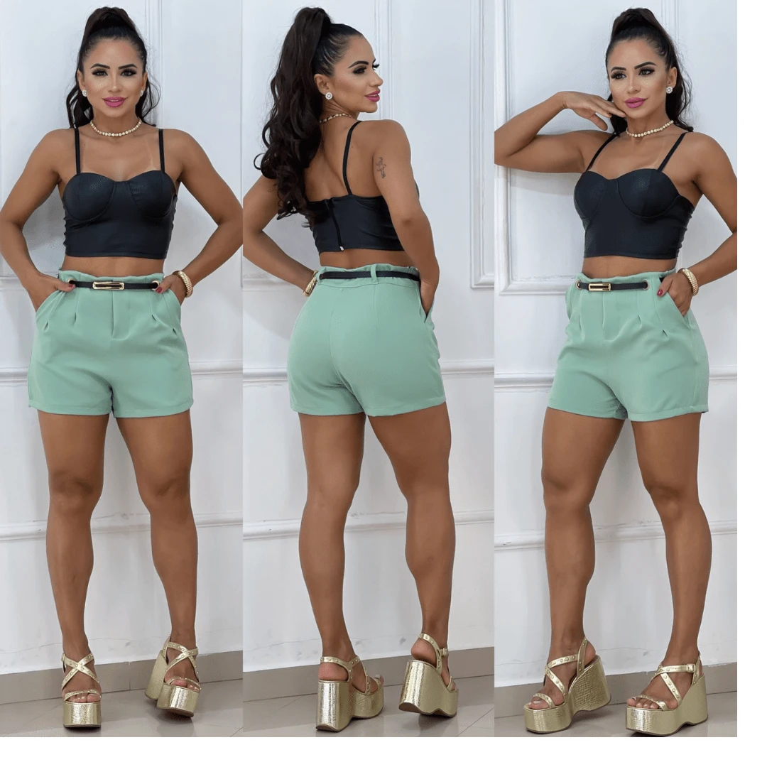 WOMEN'S TAILORED SHORTS WITH FASHIONABLE BELT - 薄荷綠 - 查看 1