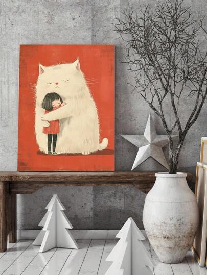 1PC Uroczy Kot Przytulający Ścienna Sztuka - Nowoczesny Plakat Do Salonu Sypialni Kuchni Biura Kawiarni Wystrój, Malowanie Do Nowoczesnych Sypialni, Przytulny Wystrój Domu Do Ciepłych Przestrzeni, Bez Ramy, Opcjonalna Rama